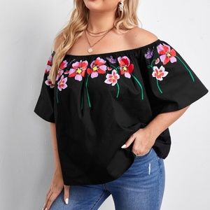 Plus Black Floral Off Shoulder Summer Blouse